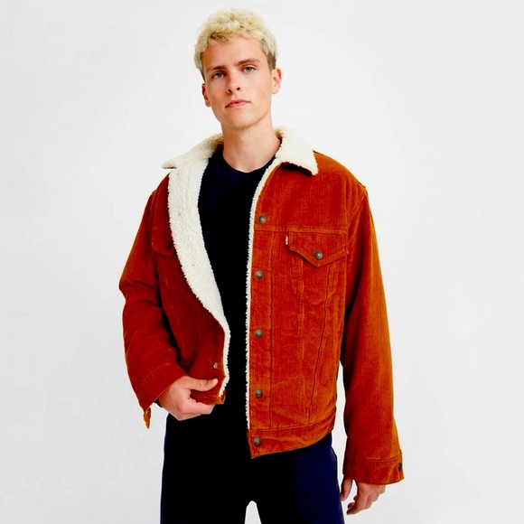 Levi’s CORDUROY VINTAGE FIT SHERPA TRUCKER JACKET burnt dark orange 90’s - Picture 1 of 5